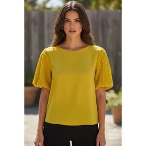 Milk & Honey Yellow Pleated Puff Sleeve Blouse Size Large